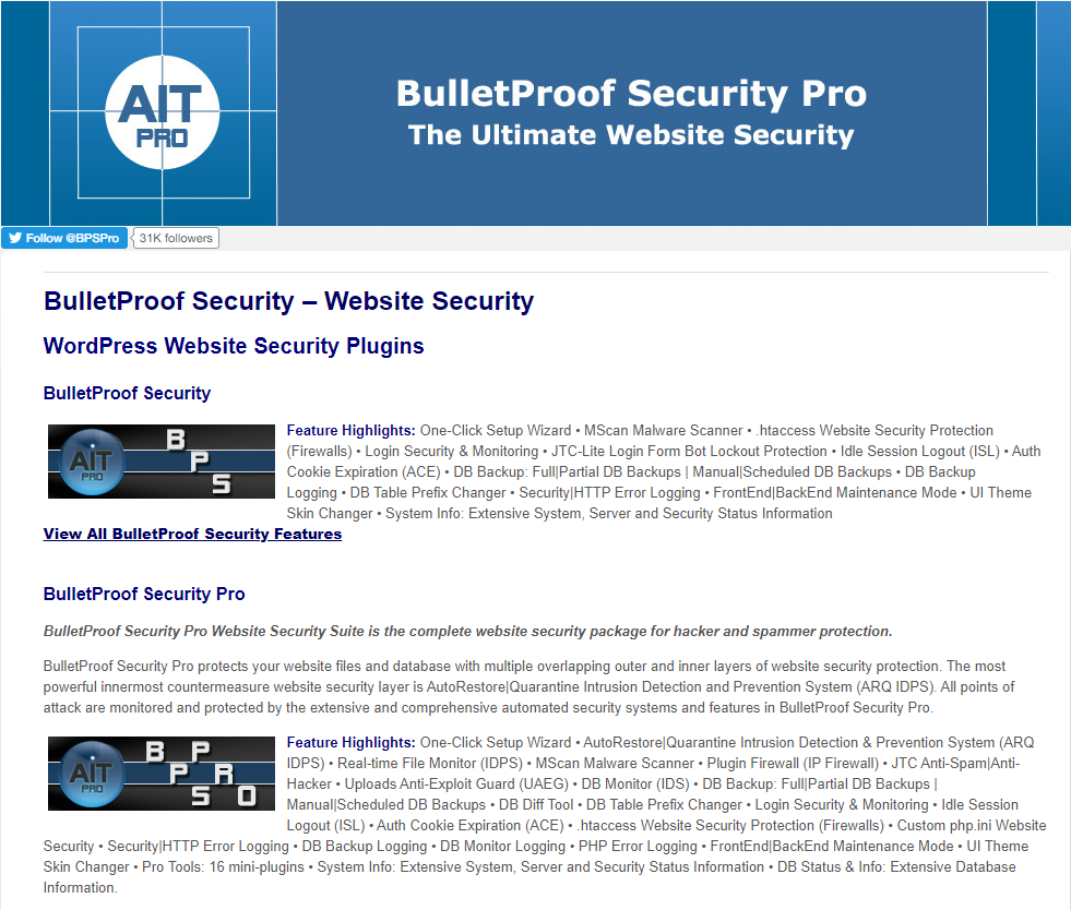 BulletProof Security – Website Security - Top 5 plugin bảo mật WordPress